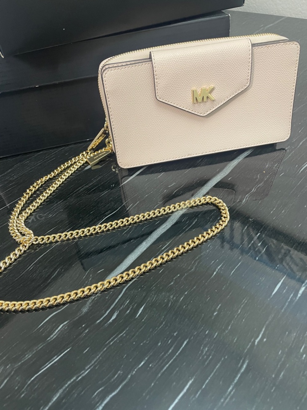 Michael Kors Light Pink Crossbody Wallet with Gold Chain